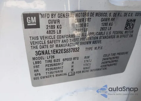 2014 Chevrolet Captiva Sport 1Ls из США, поврежденный, VIN 3GNAL1EK2ES637832